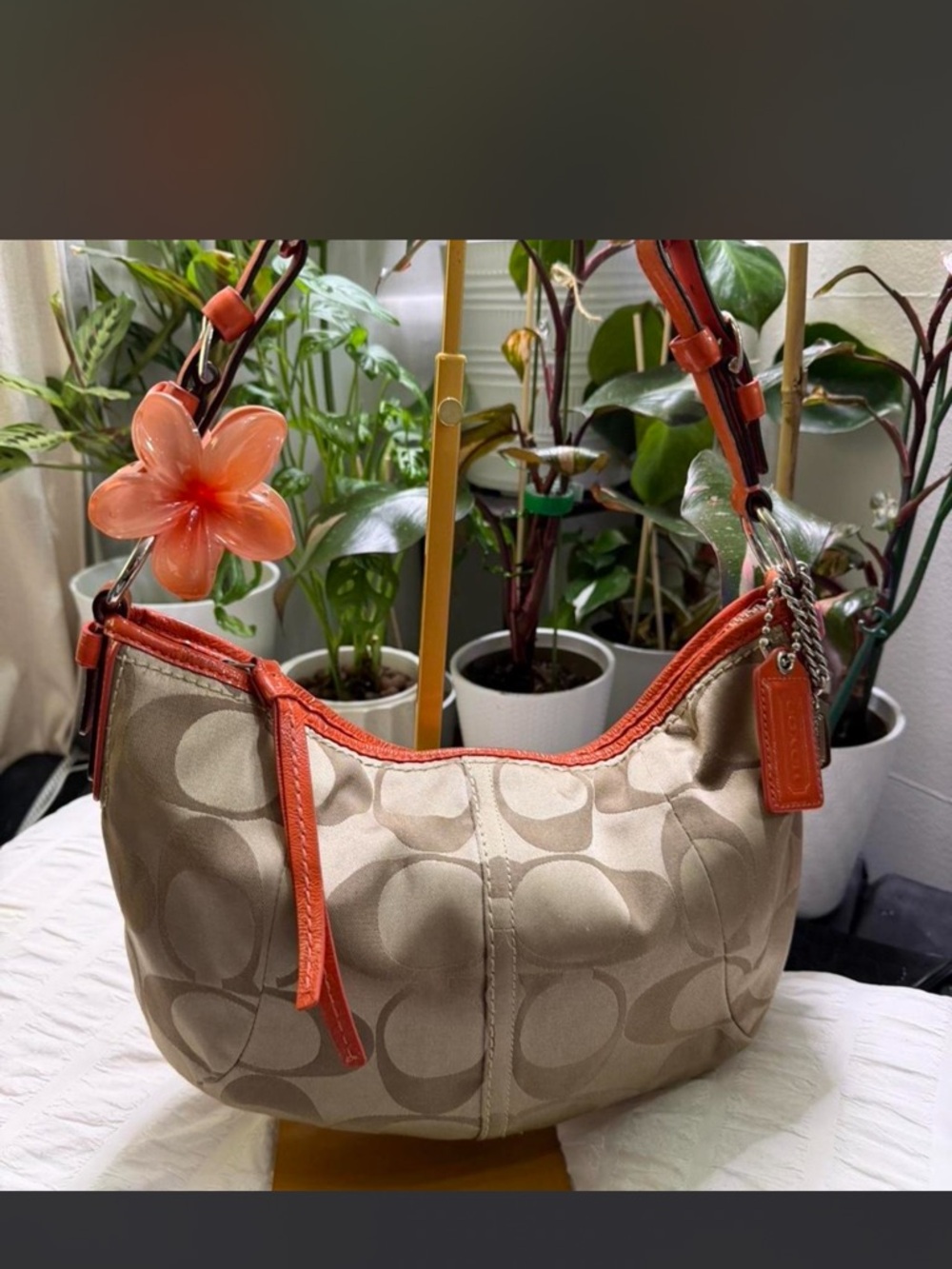 Coach Khaki Signature Shoulder Bag with Orange Trim